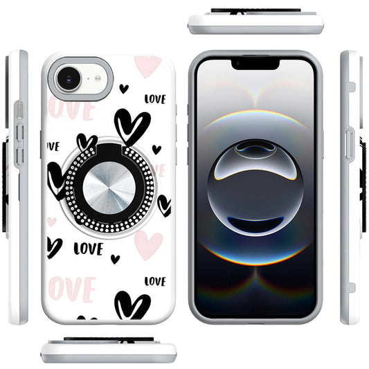 For Apple iPhone 16e Pattern Design Hybrid with Invisible Ring Stand & Magnetic Back, Shockproof Protective Grip Case Cover Love Heart Love