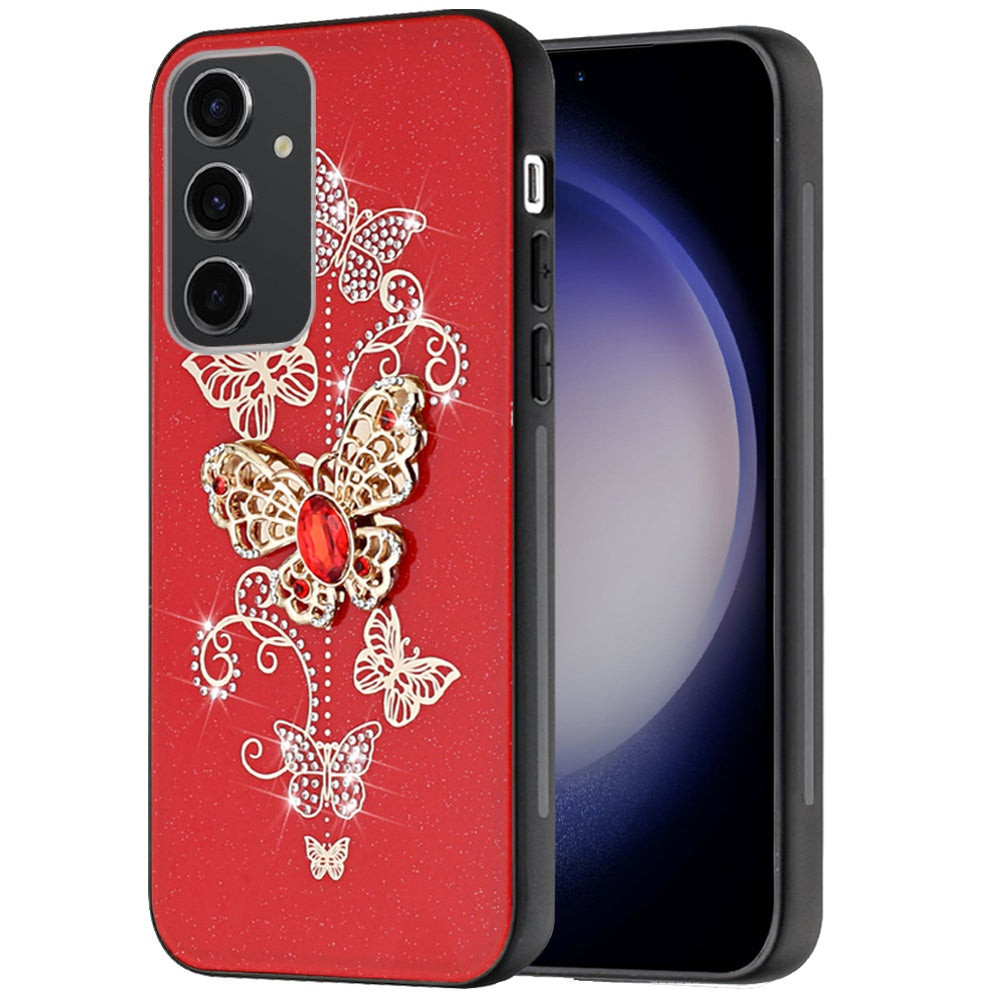 For Samsung Galaxy S24 FE Diamonds 3D Butterfly Bling Sparkly Glitter Ornaments Engraving Hybrid Metal Fashion Case Cover Red Garden Butterflies