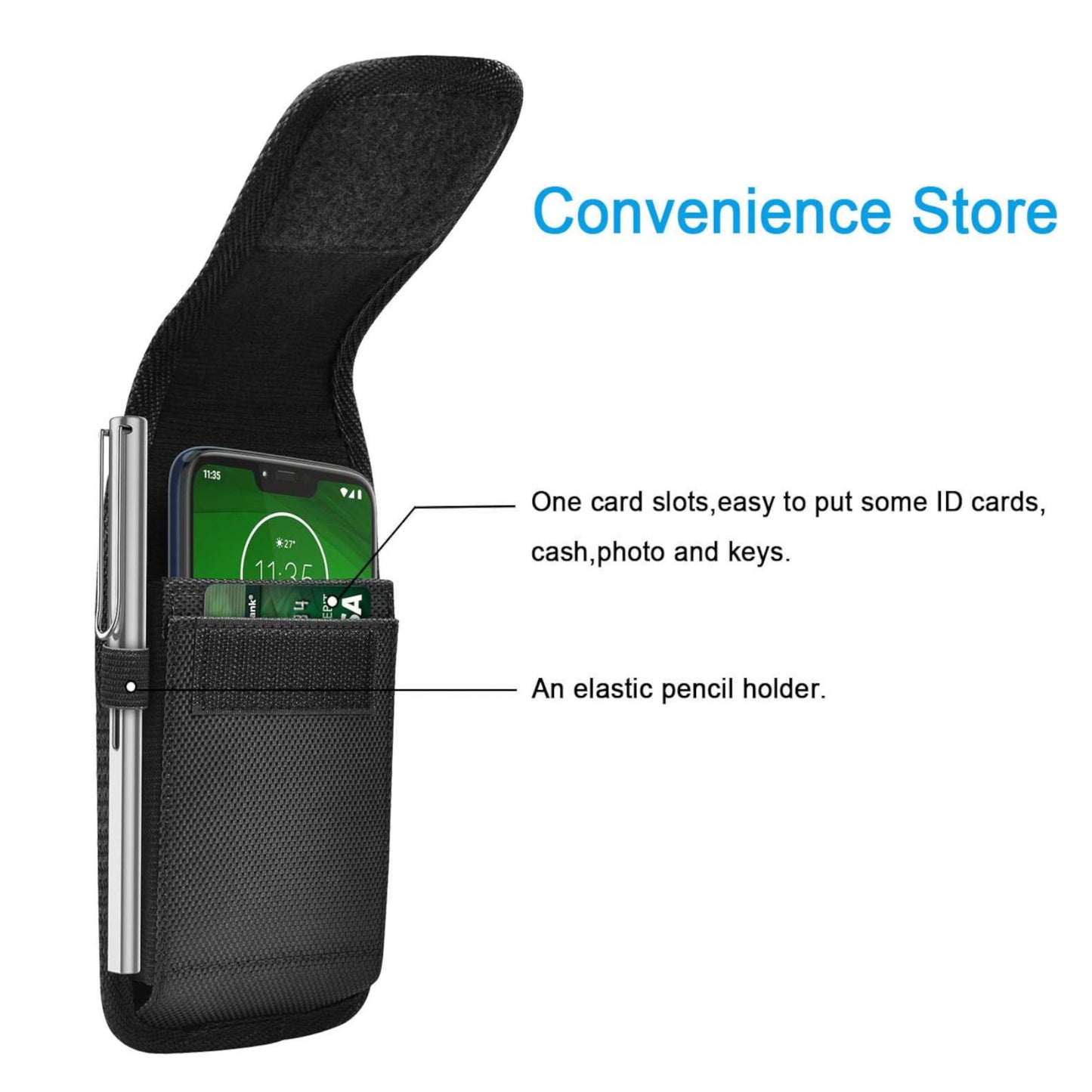 For Apple iPhone 16 (6.1") Vertical Nylon Canvas Holster Universal Cell Phone Pouch Velcro Closure with Credit Card Slot & Belt Clip Loop Carabiner [Black]