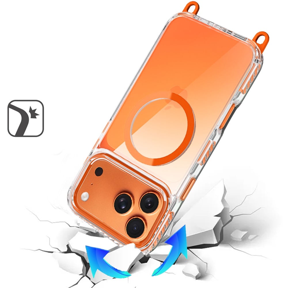 For Apple iPhone 17 Pro (6.3") Clear Magnetic Frame PC Back Shockproof Protective Case with Detachable Lanyard Strap, Compatible with MagSafe Case Cover Cosmic Orange