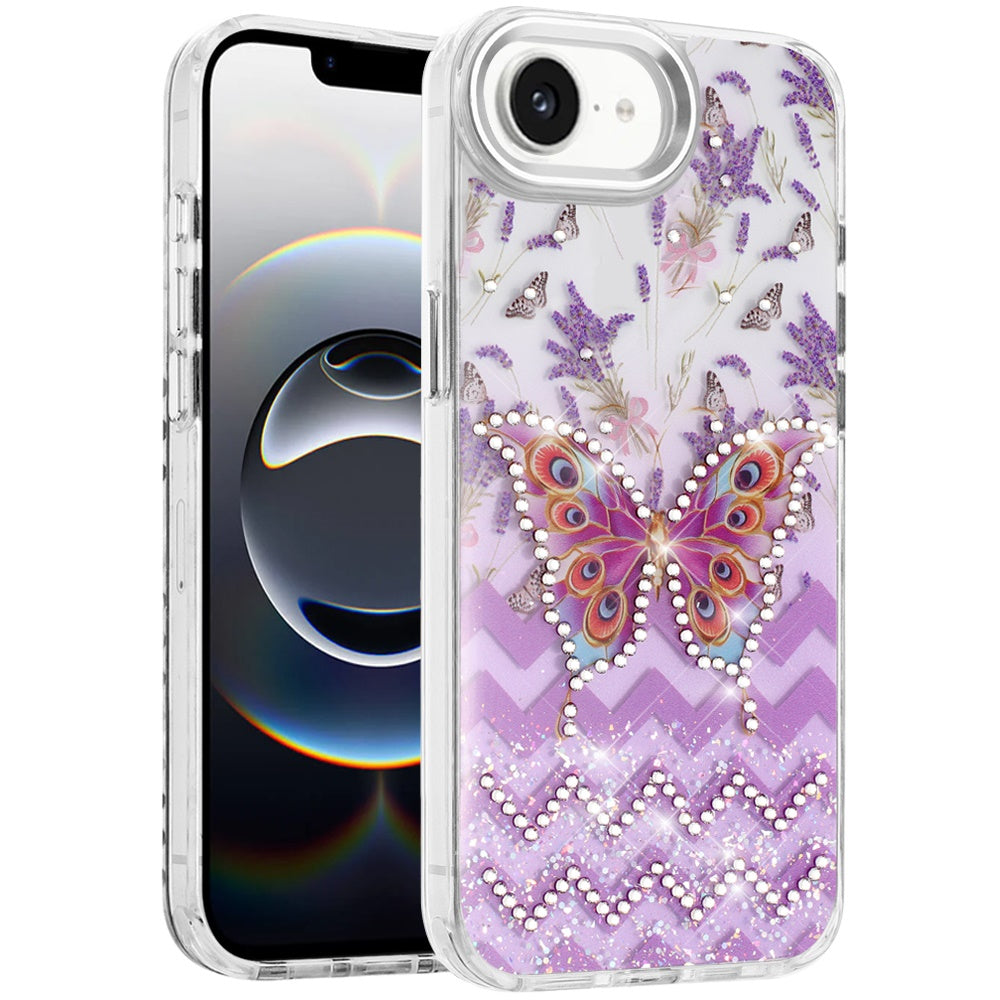 For Apple iPhone 17E /16E Butterfly Resin Epoxy Diamond Design Metal Edged Hybrid Shockproof Heavy Duty Drop Protection Case Cover