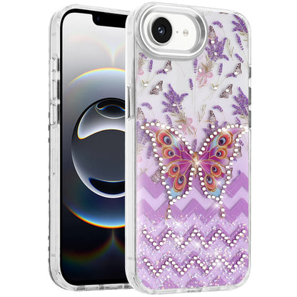 For Apple iPhone 17E /16E Butterfly Resin Epoxy Diamond Design Metal Edged Hybrid Shockproof Heavy Duty Drop Protection Case Cover