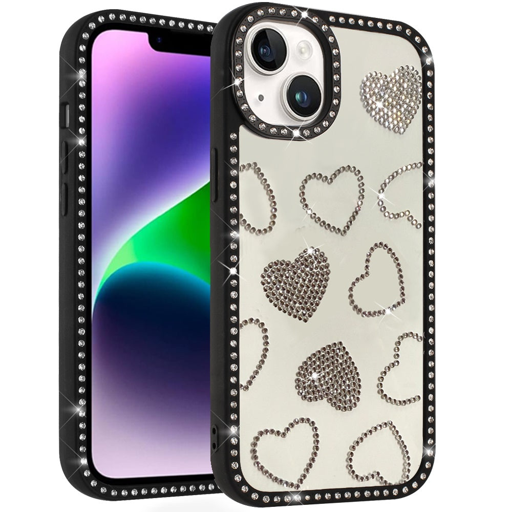 For Apple iPhone 17E /16E Spread Love Glitter Shimmer Bling Diamond Edge Hybrid Drop Protection Shockproof Design Case Cover Black