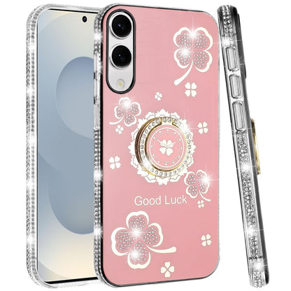 For Samsung Galaxy S25 EDGE Diamonds Bling All Around Edges Sparkly Glitter Hybrid with Ring Stand Holder Fashion Good Luck Case Cover