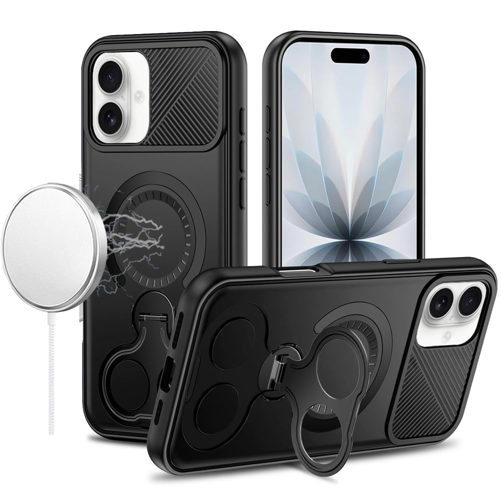 For Apple iPhone 17 (6.3") Hybrid with Invisible 2 Hole Ring Stand Magnetic back Car Mount Friendly Protector Case Cover Black