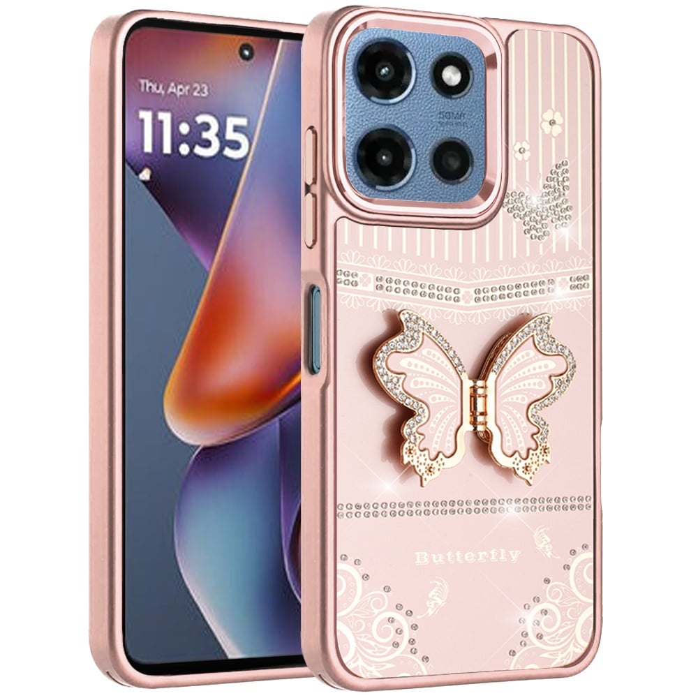 Phone Case for Motorola Moto G Play 5G 2026 Glitter Bling Butterfly Stand Metallic Edge Hybrid Shockproof Grip Durable Camera Protection Stylish Design Cover Rose Gold