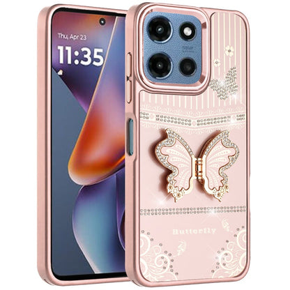 Phone Case for Motorola Moto G 5G 2026 / 2025 Glitter Bling Butterfly Stand Metallic Edge Hybrid Shockproof Grip Durable Camera Protection Stylish Design Cover Rose Gold