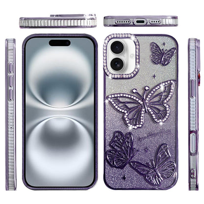 For Apple iPhone 16 Pro Max (6.9") Luxury Butterfly Sparkle Glitter Diamond Crystal Rhinestone Shimmer Bling Plating Thick TPU Hard PC Case Cover