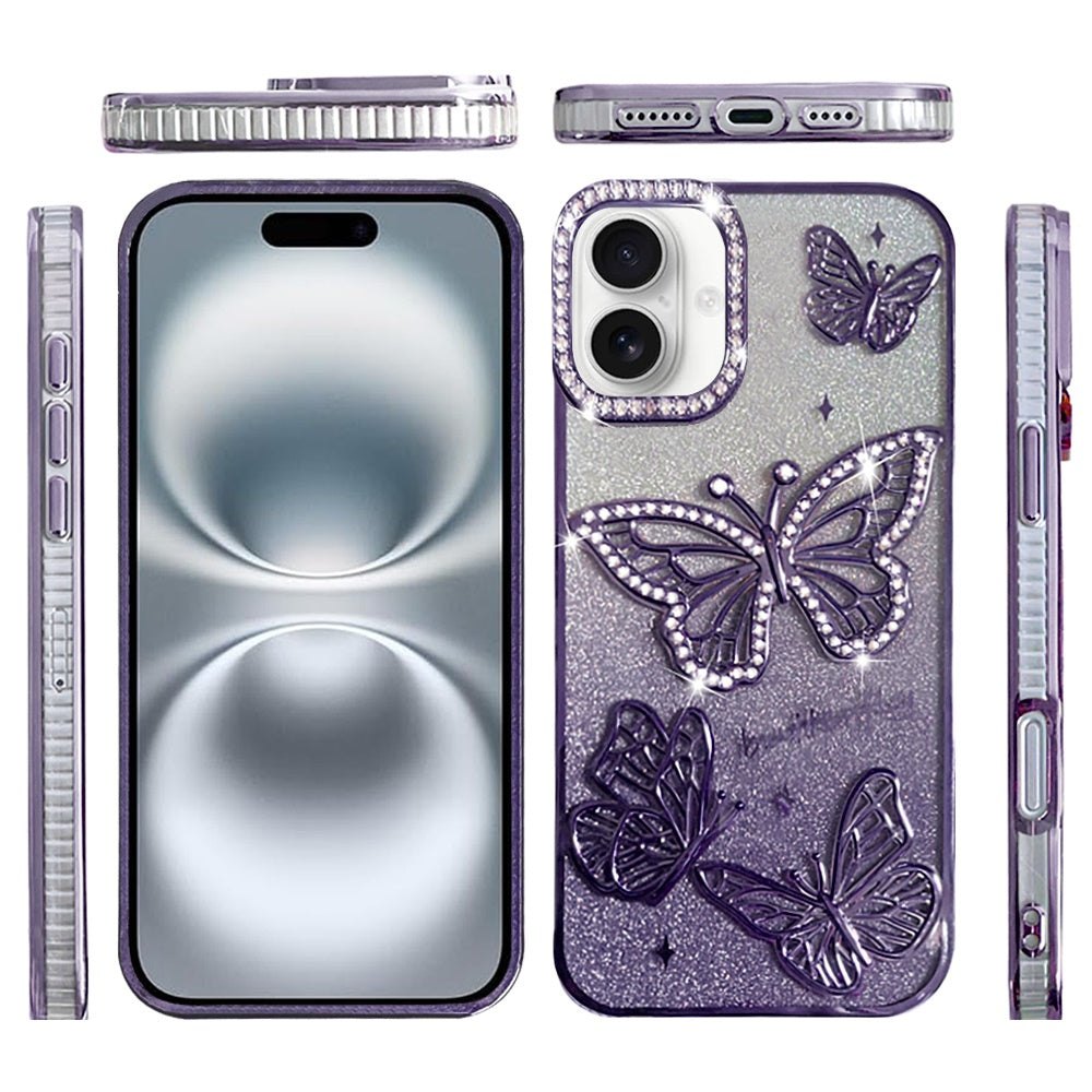 For Apple iPhone 17E /16E Luxury Butterfly Sparkle Glitter Diamond Crystal Rhinestone Shimmer Bling Plating Thick TPU Hard PC Case Cover