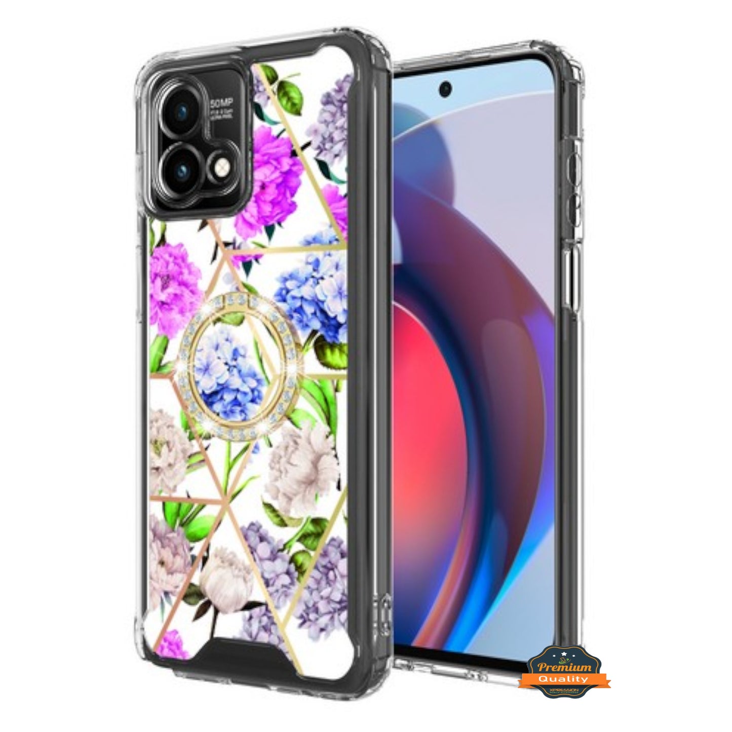 For Motorola Moto G Stylus 5G 2025 Fashion Design Bling Diamond Hybrid Protective Case, Ring Kickstand Hard PC + TPU Case Cover