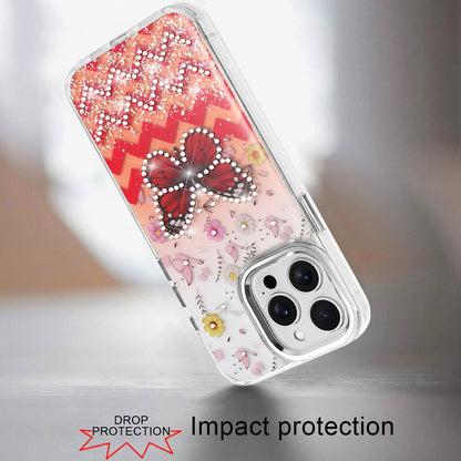 For Apple iPhone 15 Pro Max Butterfly Resin Epoxy Diamond Design Metal Edged Hybrid Shockproof Heavy Duty Drop Protection Case Cover