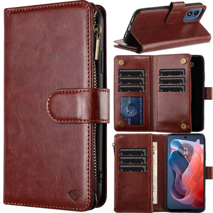 For Apple iPhone 16 Pro Max (6.9") Premium Leather Zipper Wallet with Credit Card Slots Money Pocket Luxury Clutch Pouch Stand & Strap Case Cover Brown