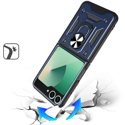 For Samsung Galaxy Z Flip 7 Hybrid Case with Slide Camera Lens Cover, Ring Kickstand, Heavy-Duty Dual Layer TPU, Fit Magnet Car Mount Case Cover