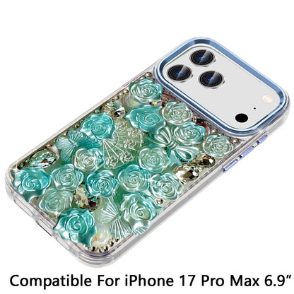 For Apple iPhone 17 Pro Max (6.9") Muti-Color Floral Fashion Bling Crystal 3D Full Diamonds Stones Sparkle Rhinestone Glitter Hybrid Case Cover
