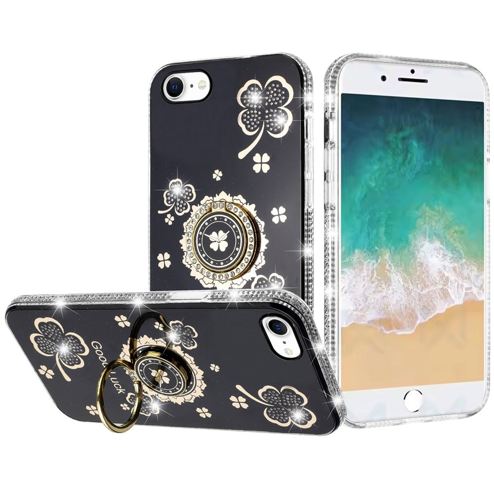 For Apple iPhone 17E /16E Diamonds Bling All Around Edges Sparkly Glitter Hybrid with Ring Stand Holder Fashion Good Luck Case Cover