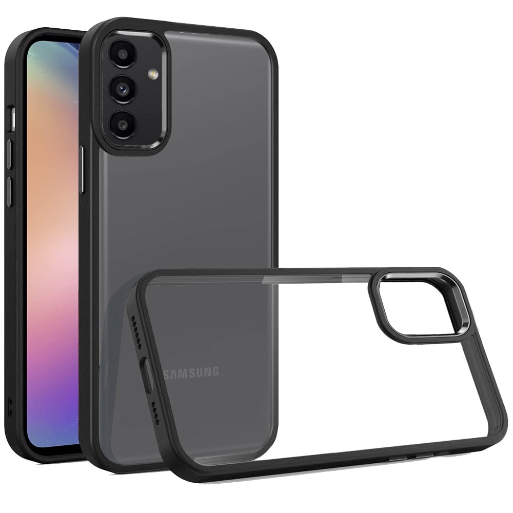 For Samsung Galaxy A15 5G Slim Fit Hybrid Transparent Thick Acrylic with Metal Buttons Frame Protective Hard PC + TPU Shockproof Case Cover Black