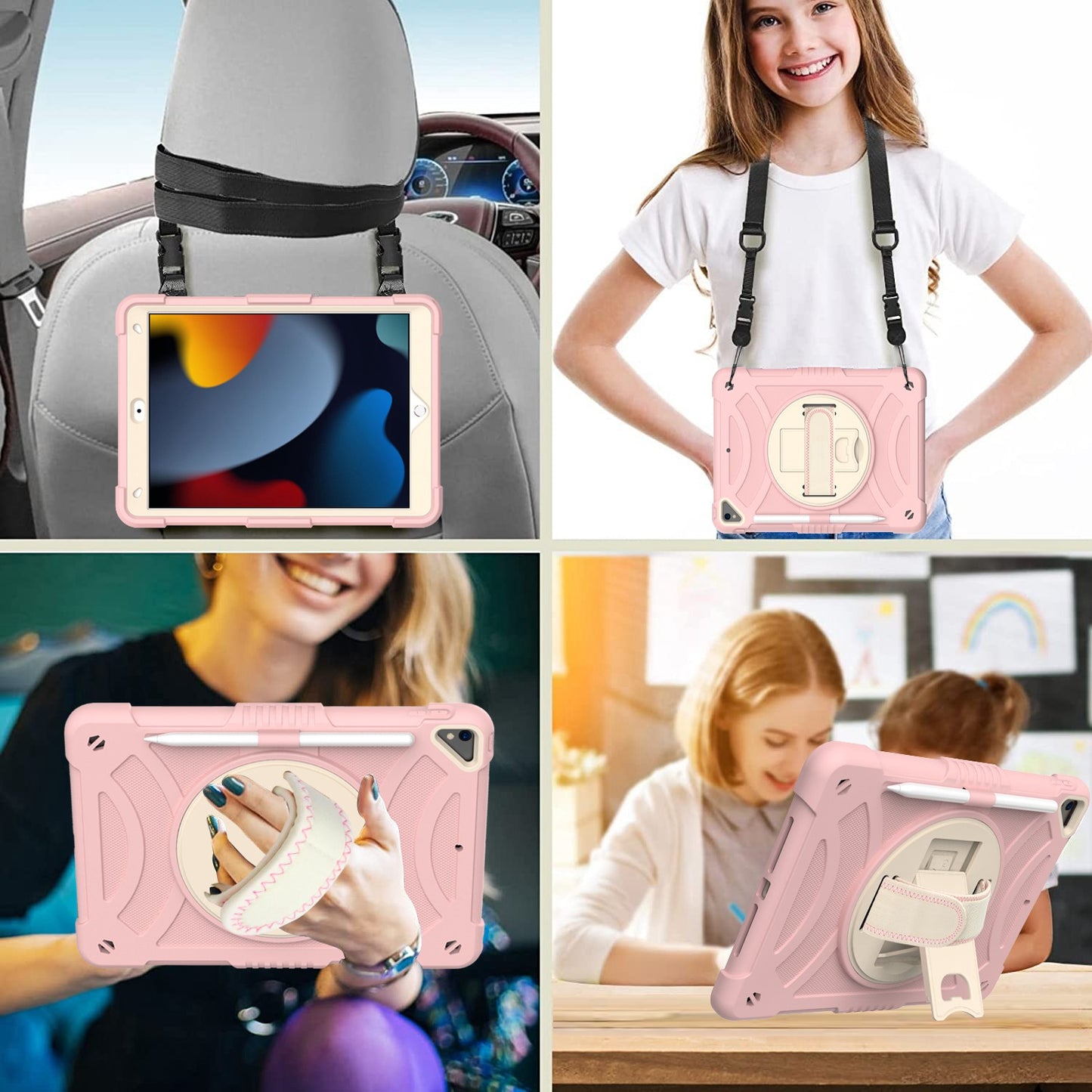 For 3-in-1 Tough Hybrid Shockproof Protector Silicone TPU with Pencil Holder, Kickstand, Hand & Shoulder Strap Rose Gold Pink Tablet Case Cover