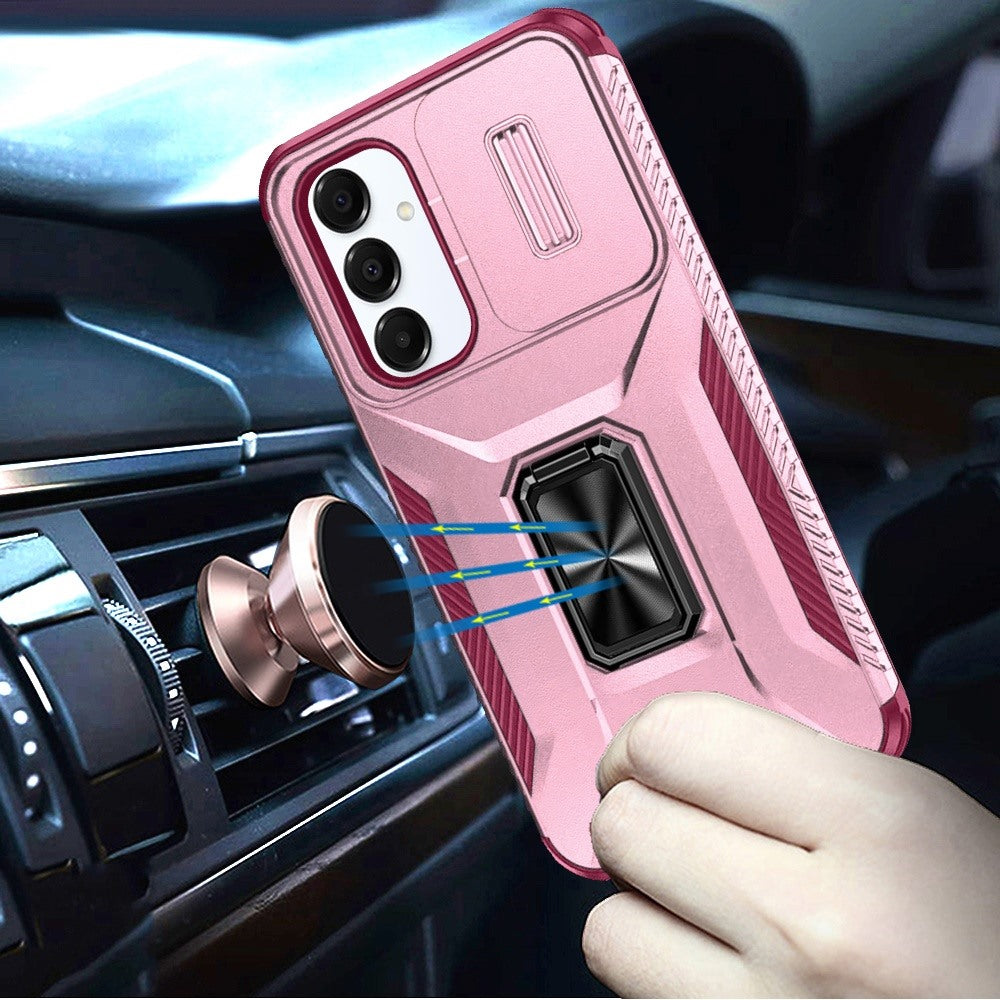 For Samsung Galaxy A16 5G Case, Camera Cover with Magnetic Rotation Ring Stand, Military Grade Hybrid Hard TPU Shockproof Case Cover Pink+Burgundy