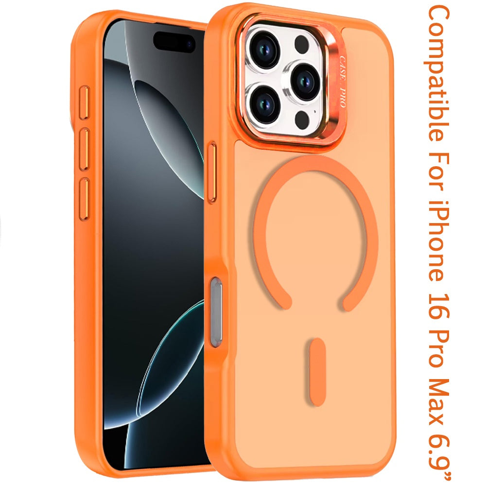For iPhone 16 Pro Max (6.9") MagSafe Compatible Matte Metallic Stand TPU Hybrid Drop Protection Camera Kickstand Protector Cosmic Orange
