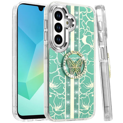For Samsung Galaxy A16 5G Diamonds 3D Butterfly Floral Design Bling Sparkly Glitter Hybrid Metal Fashion with Ring Stand Case Cover