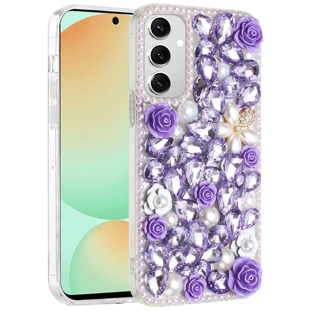 For Samsung Galaxy S24 Fan Edition /Galaxy S24 FE Fashion Rose Flower Floral Bling Crystal 3D Full Diamonds Pearl Sparkle Rhinestone Glitter Hybrid Case Cover Purple