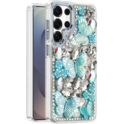 For Samsung Galaxy S23 Ultra 3D Diamond Floral Butterfly Bling Stone Hybrid, Sparkly Rhinestone Gemstone Back Shockproof Case Cover
