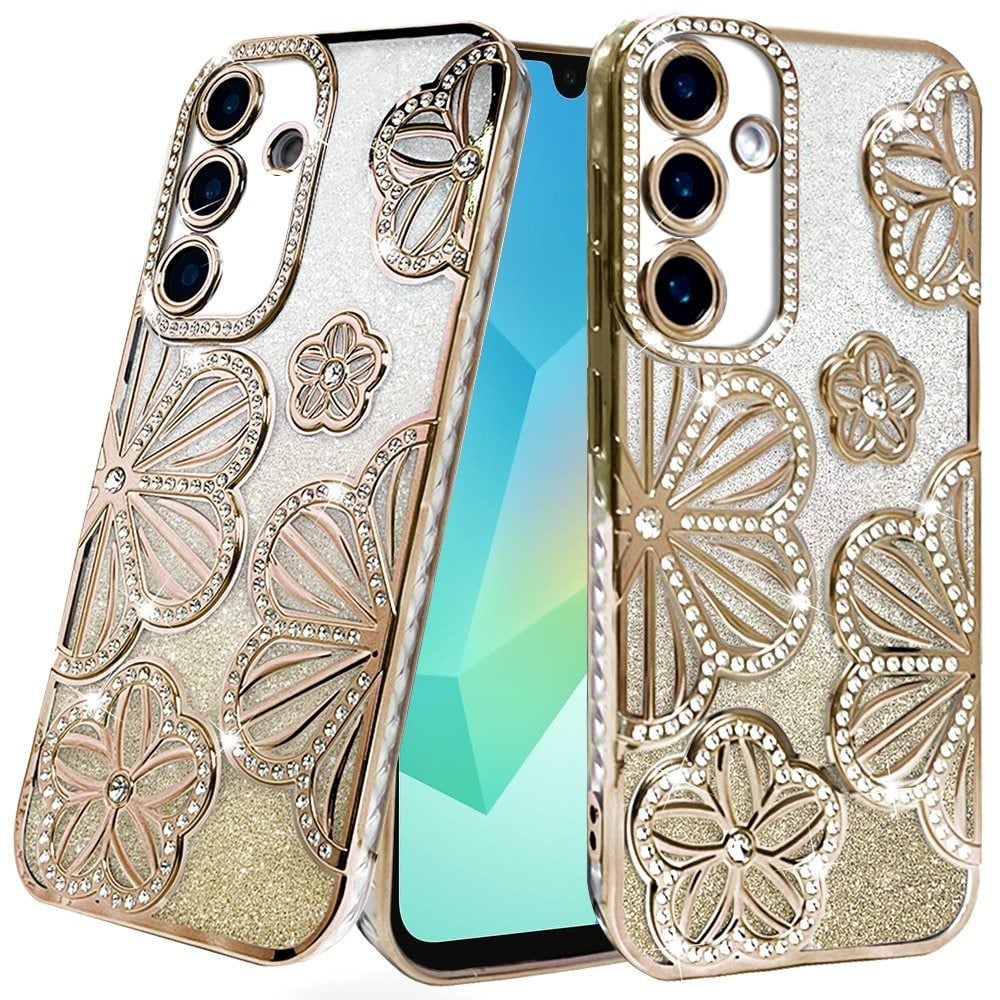 For Samsung Galaxy A16 5G Luxury Flower Design Sparkle Glitter Diamond Rhinestone Shimmer Bling Plating Thick TPU Hard PC Case Cover Rose Gold