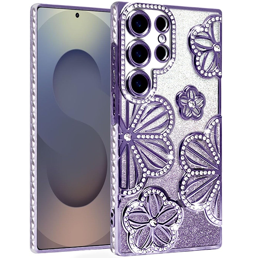 For Samsung Galaxy S25 Ultra Luxury Flower Design Sparkle Glitter Diamond Rhinestone Shimmer Bling Plating Thick TPU Hard PC Case Cover