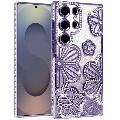 For Samsung Galaxy S25 Ultra Luxury Flower Design Sparkle Glitter Diamond Rhinestone Shimmer Bling Plating Thick TPU Hard PC Case Cover