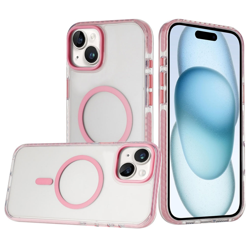 For iPhone 15 (6.1") Transparent Hybrid with Color-Matched Magnetic Circle, Rubber TPU Frame Hard PC Shockproof Case Cover