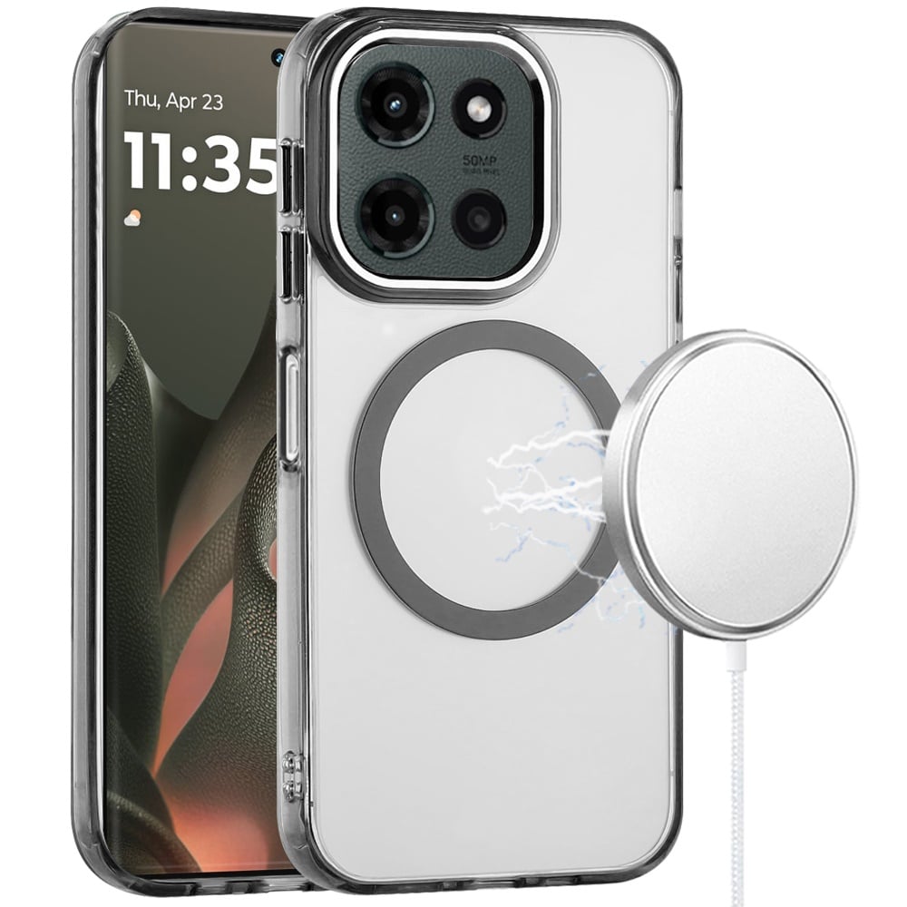For Motorola Edge 2025 Transparent Back Hybrid Case - Magnetic Circle, Color Frame, Metal Buttons, MagSafe Compatible Case Cover Black