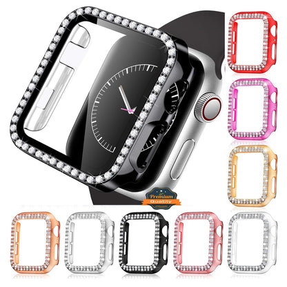 For Apple Watch Size 42mm Luxury Bling Cover Diamond Electroplate Rhinestone Bumper Protective Frame with Tempered Glass Screen Protector Case Cover