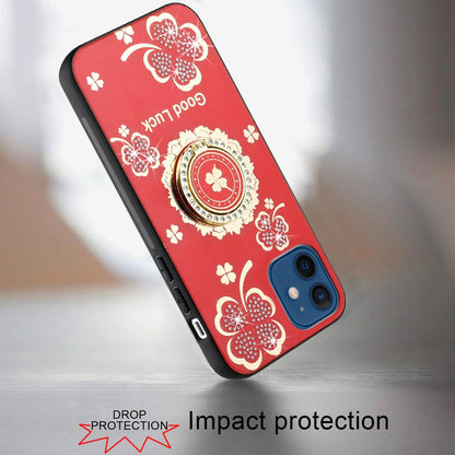 For iPhone 16 (6.1") Diamonds 3D Fashion Floral Bling Sparkly Glitter Ornaments Engraving Hybrid with Ring Stand Case Cover Good Luck Floral Red