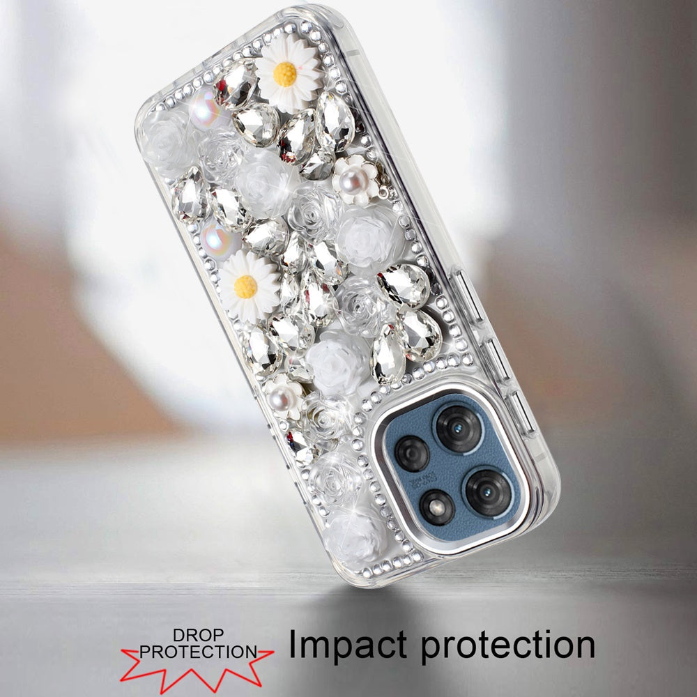 For Motorola Moto G 5G 2026/2025 Fashion Daisy Floral Series, Full 3D Bling Crystal Diamonds Sparkling Rhinestone Glitter Hybrid Design Case Cover White