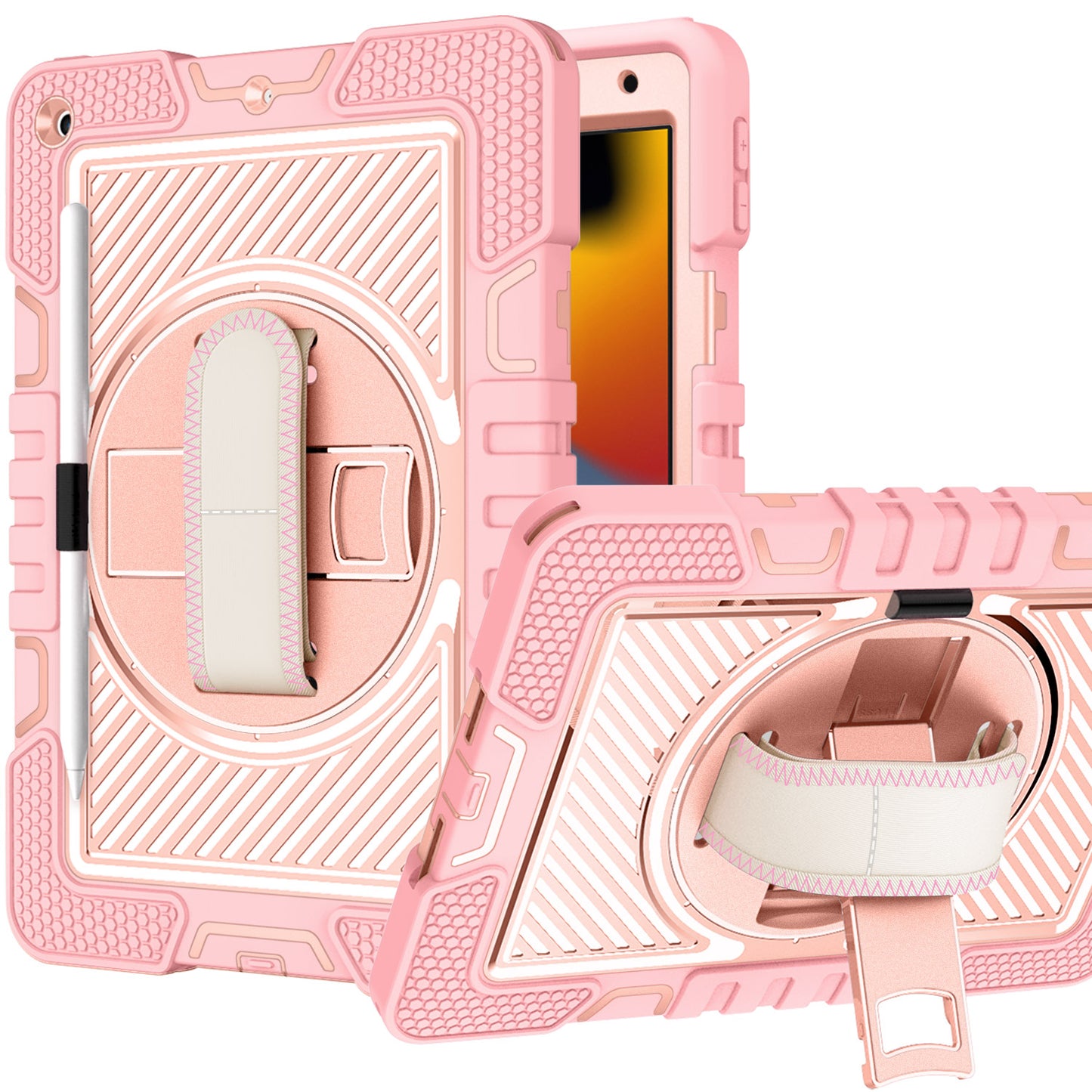 For Apple iPad 10th Gen 2022 Hybrid 3in1 Multi-Functional Tablet Case with Hand, Shoulder Strap, Pencil & Stand Holder Rose Gold Phone Case Cover