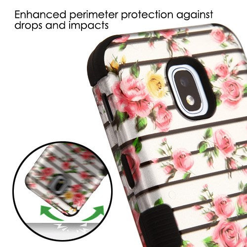 For LG Stylo 4 / Stylo 4 Plus Flowers 2D Hybrid Three Layer Hard PC Shockproof Heavy Duty TPU Rubber Anti-Drop Pink Fresh Roses Phone Case Cover