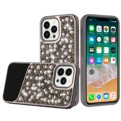 For Apple iPhone 13 Pro Max (6.7") Bling Pearl Diamonds Design Glitter Hybrid Hard TPU Shiny Protective Rubber Frame  Phone Case Cover