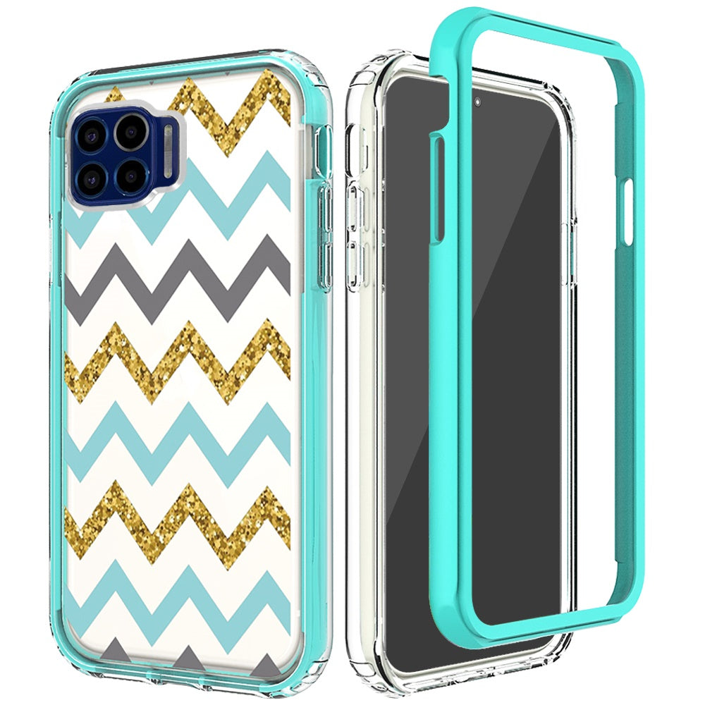 For Motorola Moto G Pure Beautiful Design 3 in 1 Hybrid Triple Layer Armor Hard Plastic Soft Rubber TPU Shockproof Protective Frame Teal Chevron Phone Case Cover