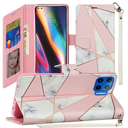 For Samsung Galaxy S22+ Plus Wallet Case PU Leather Design Pattern with Credit Card Slot Strap, Stand Folio Pouch Pink Marble Phone Case Cover