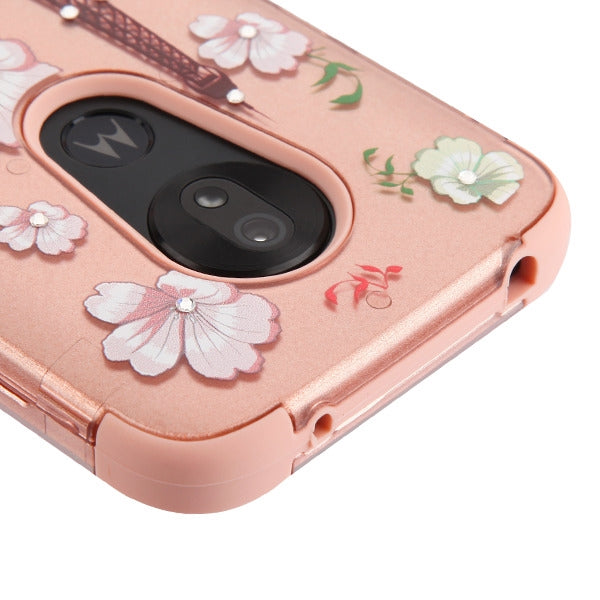 For Motorola Moto G7 Play Bling Hybrid Three Layer Hard PC Shockproof Heavy Duty TPU Rubber Anti-Drop Eiffel Tower in the Season of Blooming 2D Phone Case Cover