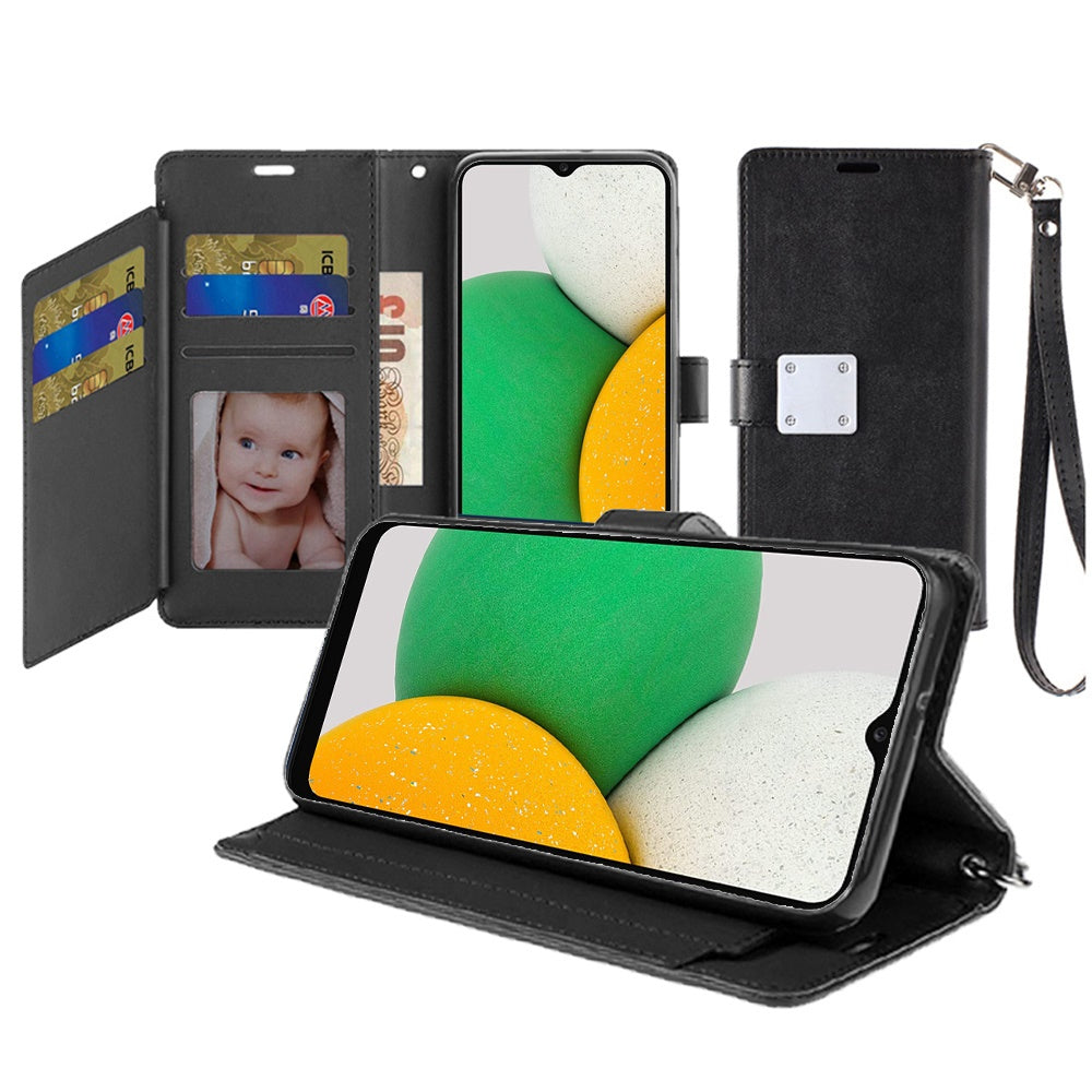 For Samsung Galaxy A13 4G Wallet Case PU Leather Credit Card ID Pocket Cash Holder Slot Dual Flip Pouch Folio Stand, Strap Black Phone Case Cover