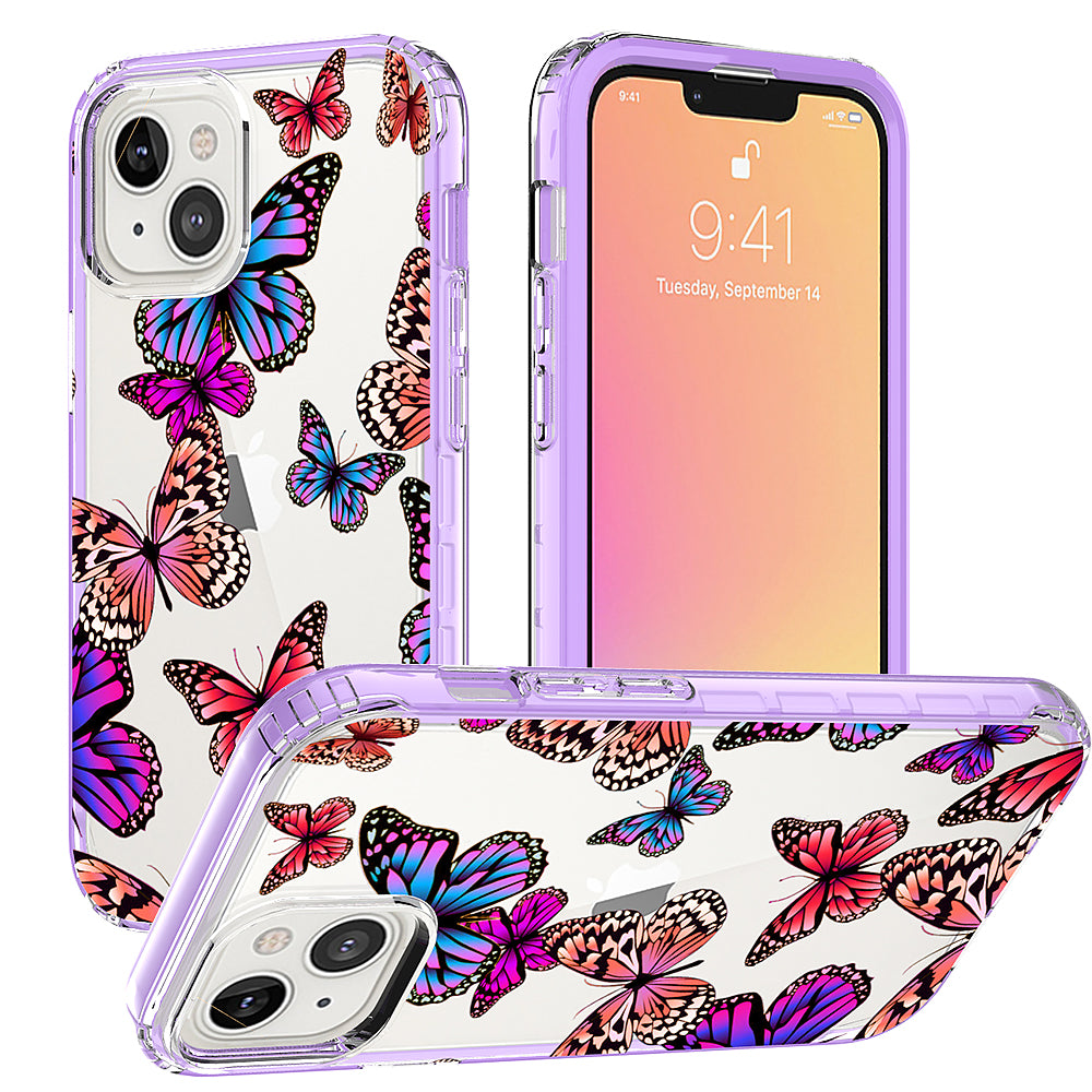 For Apple iPhone 14 Plus (6.7") Beautiful Design 3in1 Hybrid Triple Layer Armor Hard PC Plastic Rubber Frame Purple Butterfly Phone Case Cover