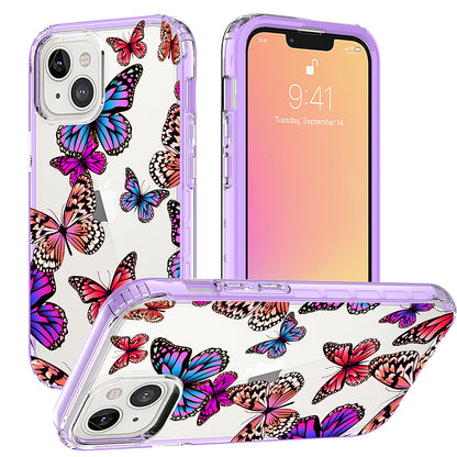 For Apple iPhone 14 Plus (6.7") Beautiful Design 3in1 Hybrid Triple Layer Armor Hard PC Plastic Rubber Frame Purple Butterfly Phone Case Cover