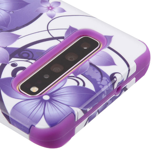 For Samsung Galaxy S10 5G (6.7") Hybrid Three Layer Hard PC Shockproof Heavy Duty TPU Rubber Anti-Drop Purple Hibiscus Phone Case Cover