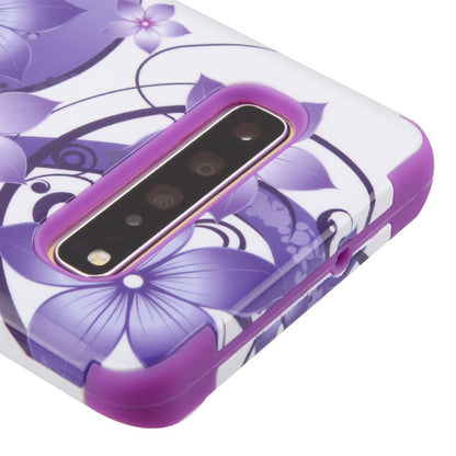 For Samsung Galaxy S10 5G (6.7") Hybrid Three Layer Hard PC Shockproof Heavy Duty TPU Rubber Anti-Drop Purple Hibiscus Phone Case Cover