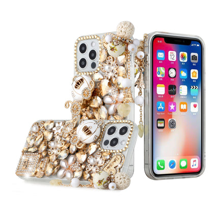 For Apple iPhone 12 /12 Pro (6.1") Bling Crystal 3D Full Diamonds Pearl Luxury Sparkle Rhinestone Glitter Hybrid Ultimate Multi Ornament Gold Phone Case Cover