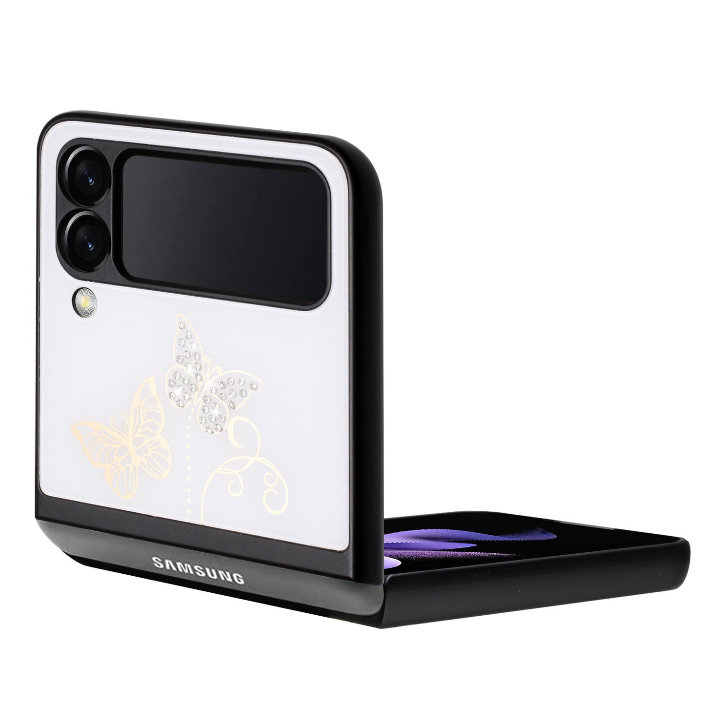 For Samsung Galaxy Z Flip 4 5G 3D Diamond Bling Sparkly Glitter Ornaments Engraving Hybrid Metal Fashion White Garden Butterflies Phone Case Cover