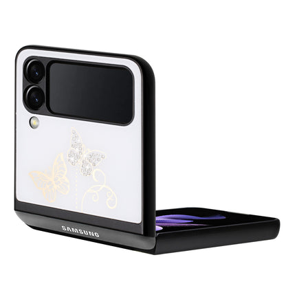 For Samsung Galaxy Z Flip 4 5G 3D Diamond Bling Sparkly Glitter Ornaments Engraving Hybrid Metal Fashion White Garden Butterflies Phone Case Cover