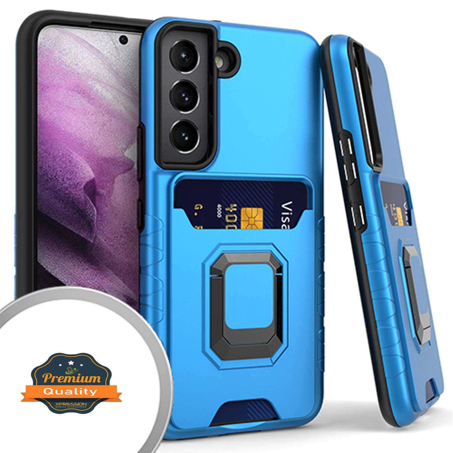 For Samsung Galaxy S22 /Plus Ultra Wallet Credit Card Slot Holder Metal Ring Kickstand Heavy Duty Shockproof Hybrid Dual Layer  Phone Case Cover