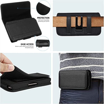 For Nokia C200 Nylon Canvas Fabric Waist Belt Holster Horizontal Pouch Holds Large Phone Works with Thick Cases Universal Cover [Black]